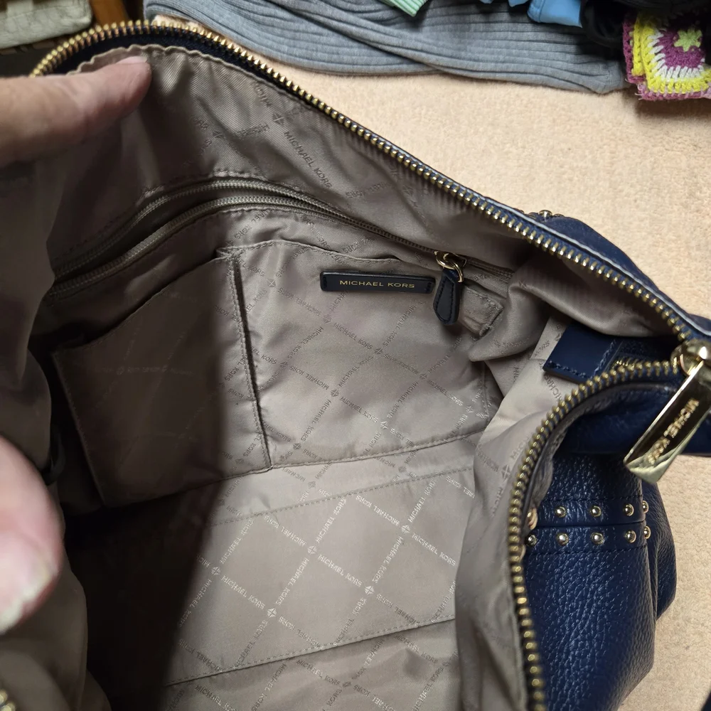 Michael Kors Navy Blue Leather Studded Shoulder Bag with Gold Hardware